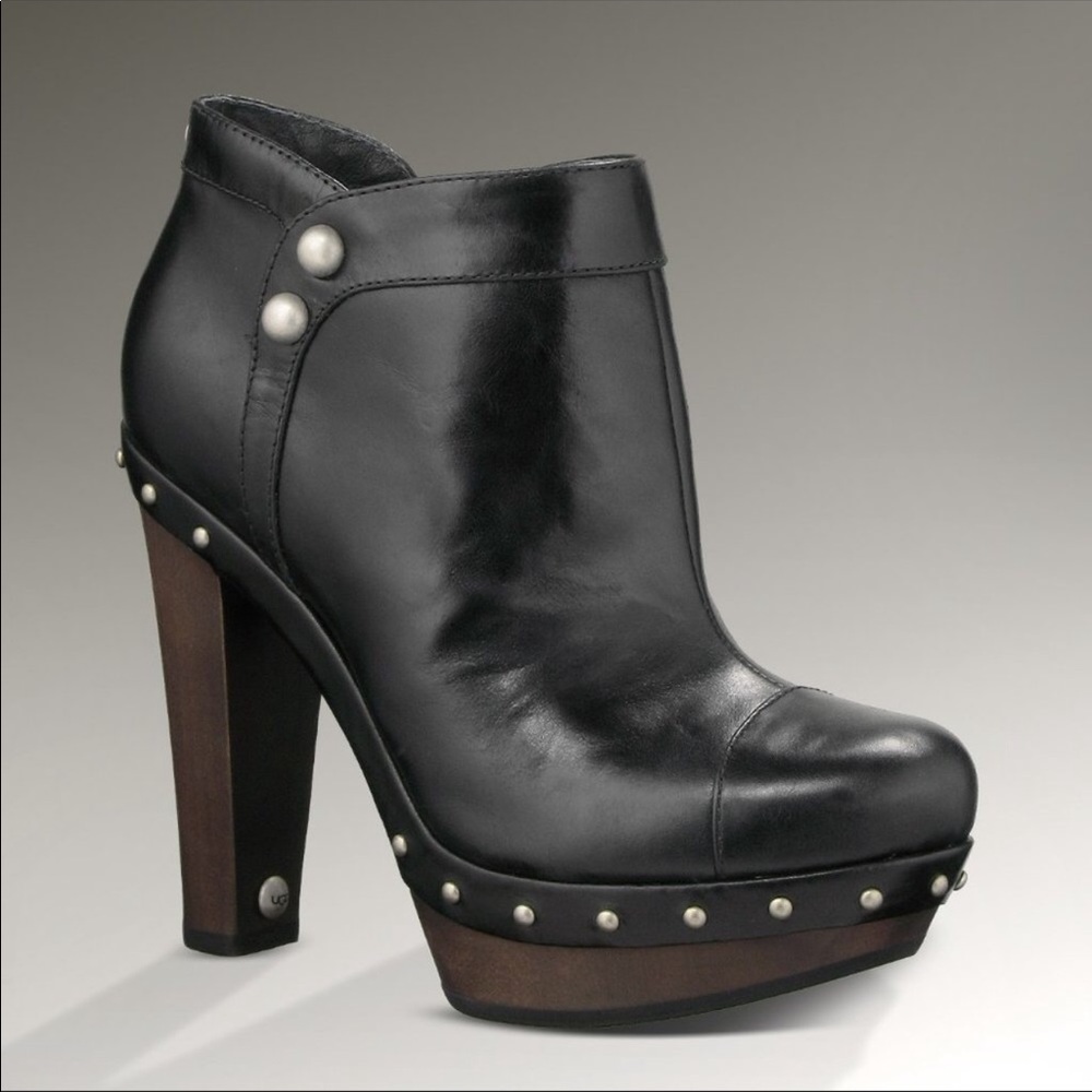 UGG Black Leather Ankle Booties with Stud Accents